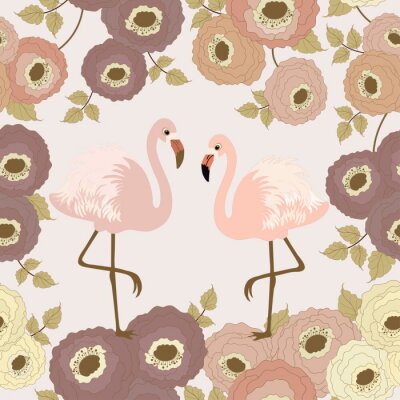 Sticker  Motif floral avec des flamants roses