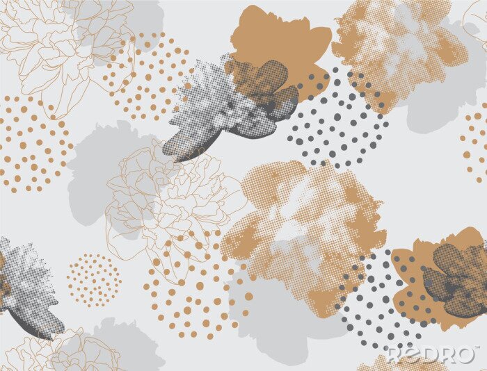 Sticker  Motif floral moderne dans un style de demi-teintes. Ornement vectorielle continue avec des fleurs et des formes géométriques. Pivoines sur fond gris