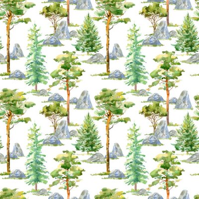 Papier peint à motif  Motif floral sans couture d'un sapin de pin, d'épicéa, de pierre et à feuilles caduques. L'illustration dessinée à la main à la main.Un fond blanc.