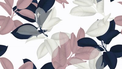 Motif floral sans couture, Ficus Elastica / caoutchouc bleu, rose et blanc sur fond blanc