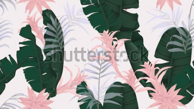 Sticker  Motif floral sans soudure, feuilles de banane vertes, plante rose Bromeliaceae et feuilles de palmier sur fond gris clair, thème vintage pastel