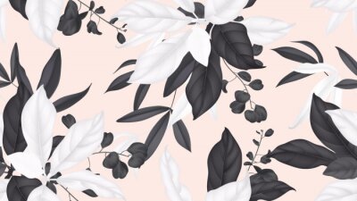 Motif floral sans soudure, feuilles de magnolia noir et blanc, feuilles d'eucalyptus sur fond orange clair