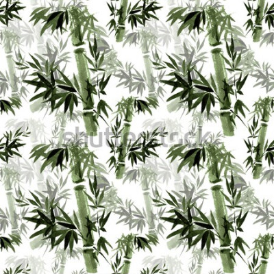 Sticker  Motif floral sans soudure. Le brassage de bambou dans le vent. Art traditionnel oriental, aquarelle, encre, sans pinceau.