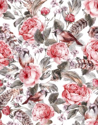 Sticker  Motif floral shabby chic avec oiseaux