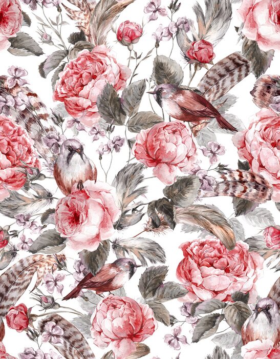 Sticker  Motif floral shabby chic avec oiseaux