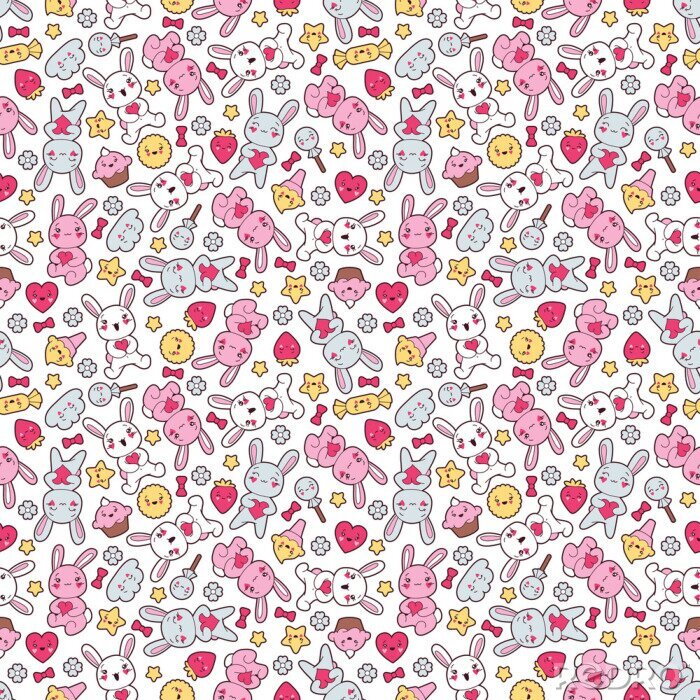 Sticker  Motif Kawaii avec lapins et bonbons