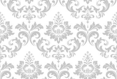 Papier peint à motif  Motif ornemental gris sur fond blanc