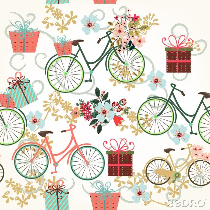Sticker  Motif papier peint à fleurs avec des bicyclettes et des fleurs