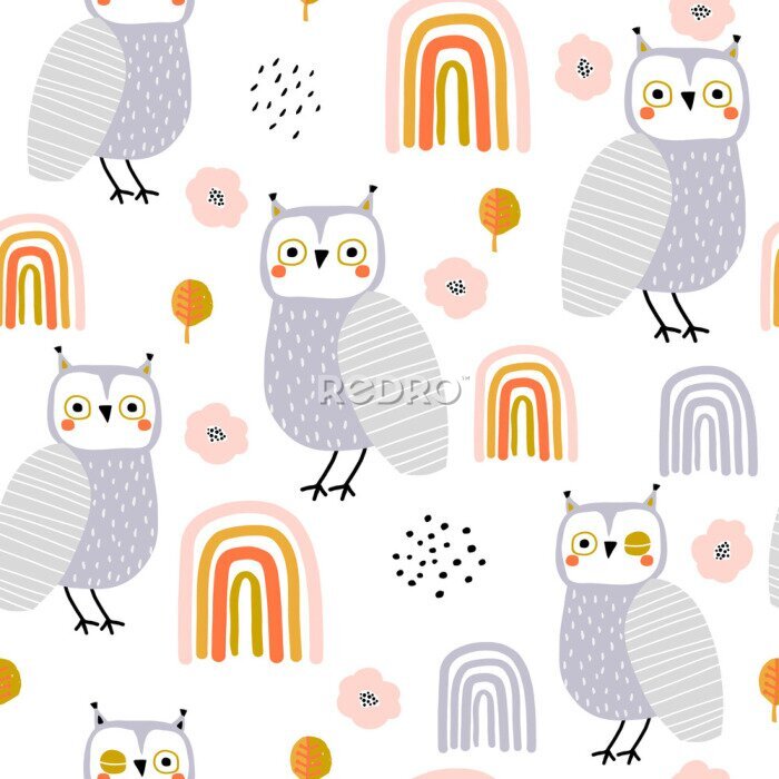 Sticker  Motif pour enfants avec des hiboux et des arcs-en-ciel de style scandinave