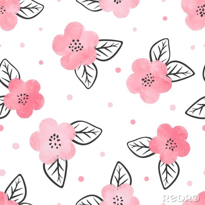 Sticker  Motif sans couture avec des fleurs roses et des feuilles noires d'aquarelle.