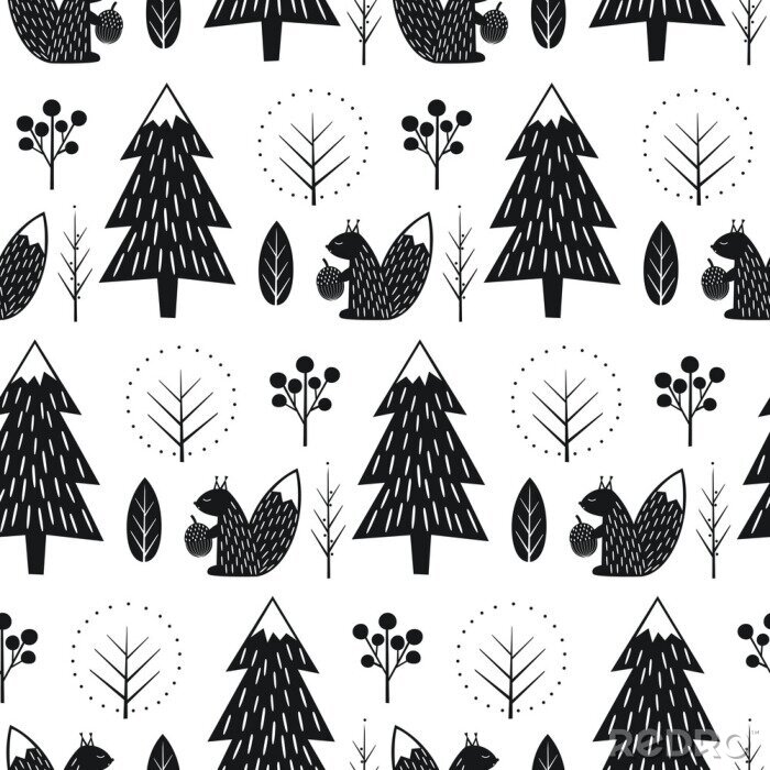 Sticker  Motif scandinave noir et blanc avec des écureuils dans la forêt
