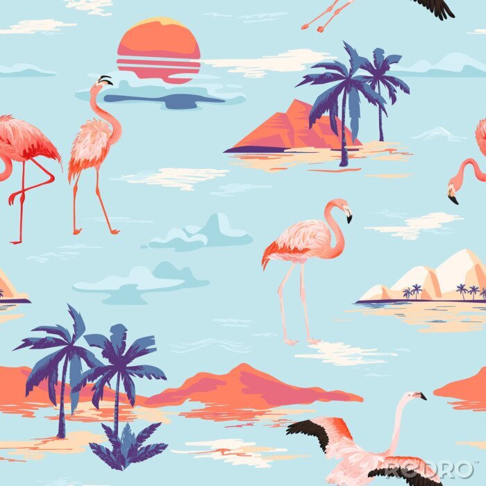 Sticker  Motif tropical avec des îles et flamants roses