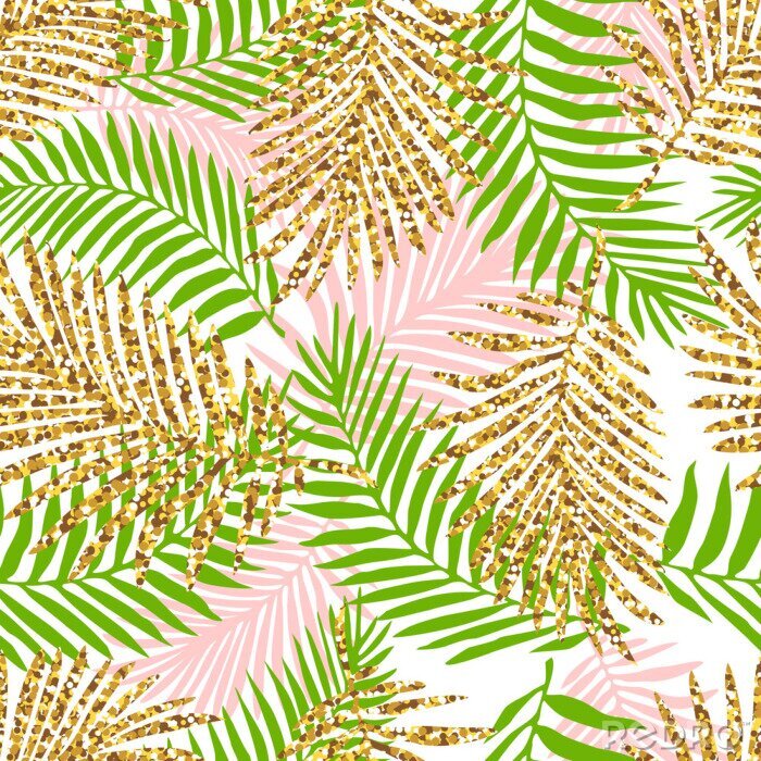 Sticker  Motif tropical sans soudure avec des feuilles de monstera et de palmier et une texture dorée dorée. Illustration vectorielle