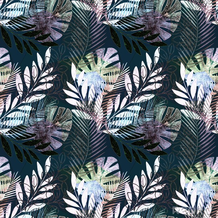 Sticker  Motif tropical vif sans soudure. Feuilles de palmier coloré sur un fond noir.