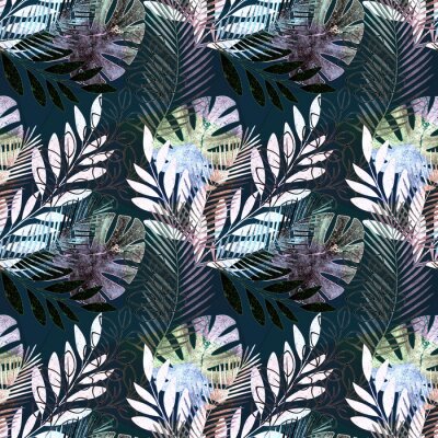 Papier peint à motif  Motif tropical vif sans soudure. Feuilles de palmier coloré sur un fond noir.