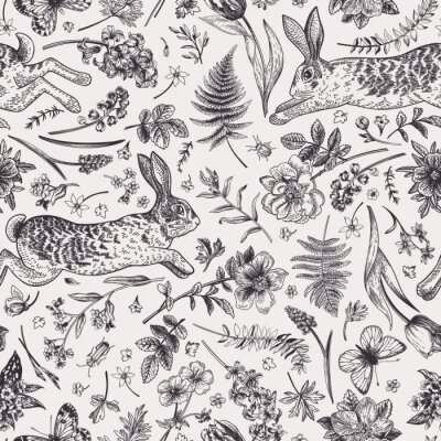 Sticker  Motif vintage avec des lapins au milieu de fleurs des champs