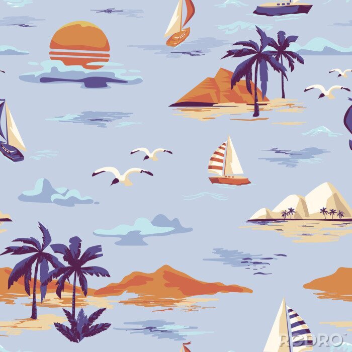 Sticker  Motif Vintage belle île sans couture sur fond blanc. Paysage avec palmiers, yacht, plage et océan vecteur style dessiné à la main