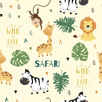Poster  Motifs de feuilles et d'animaux de safari