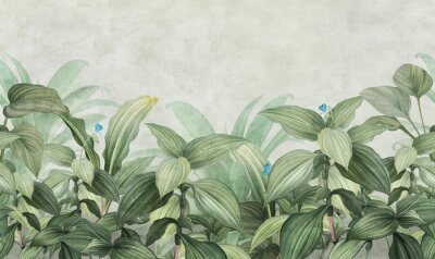 Motley grass. Tropical plants in the style of frescoes. Seamless pattern for interior printing.