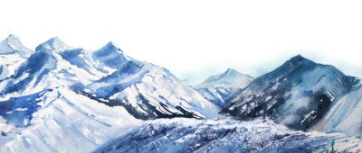 Sticker  Mountain winter snow peak watercolor in blue tone on white background