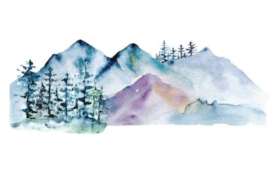 Sticker  Mountains, forest nature landscape. Watercolor wildlife. Perfectly for tourism and outdoor design. Hand painting sketch scenery. Illustration isolated on white background. 