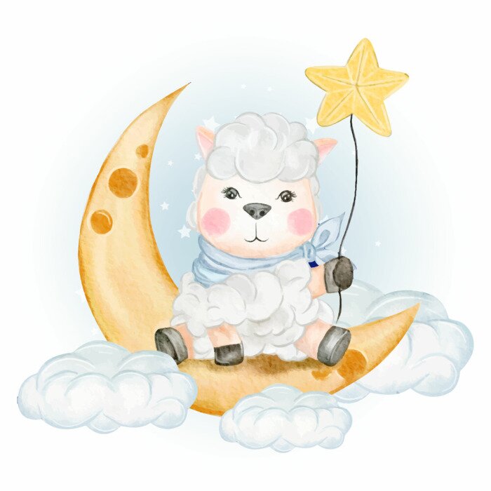 Sticker  Mouton sur la lune au milieu de nuages duveteux
