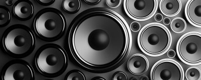 Sticker  Multiple various size black Loudspeakers background. 3d illustration