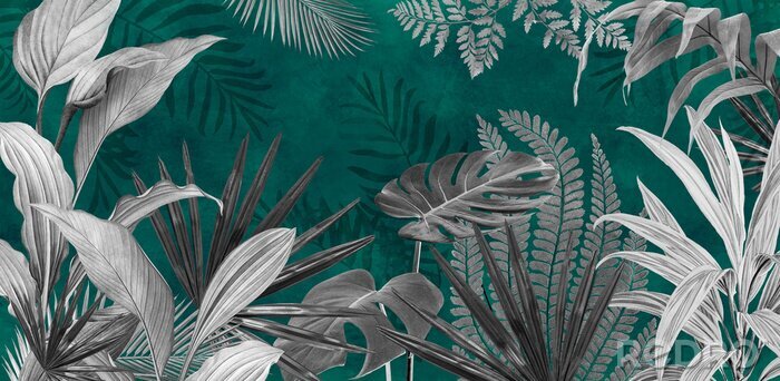 Sticker  Mural for the walls. Photo wallpapers for the room. Tropical leaves on a green background in the grunge style.