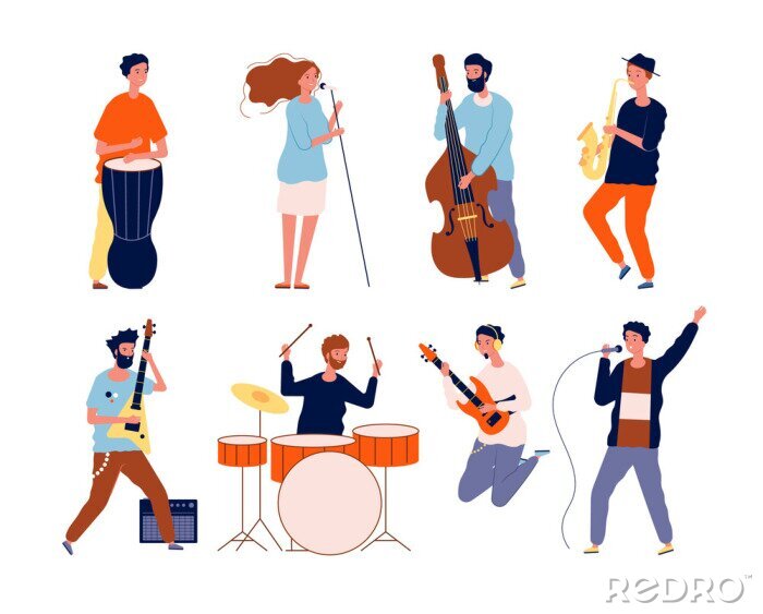 Sticker  Music band characters. Rock group musicians singing and playing at instrument performing stage vector background. Rock concert, musical band, musician group performance illustration