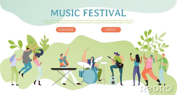 Sticker  Music festival poster, people on concert, rock band website concept, vector illustration. Men and women cartoon characters in flat style playing musical instruments, drums, guitar and piano keyboard