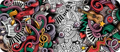 Sticker  Music hand drawn doodle banner. Cartoon detailed illustrations.