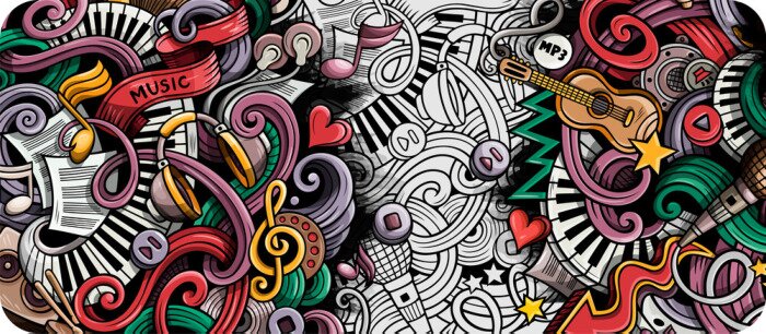 Sticker  Music hand drawn doodle banner. Cartoon detailed illustrations.