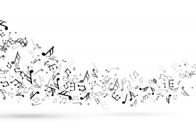 Sticker  Music notes swirl. Wave with notes musical stave key harmony, symphony melody flowing music staff treble clef vector background