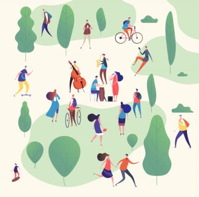 Sticker  Musicians in park. Music band with guitars and musical instruments performing outdoor surrounded by trees. Vector illustration. Musician band in green public park