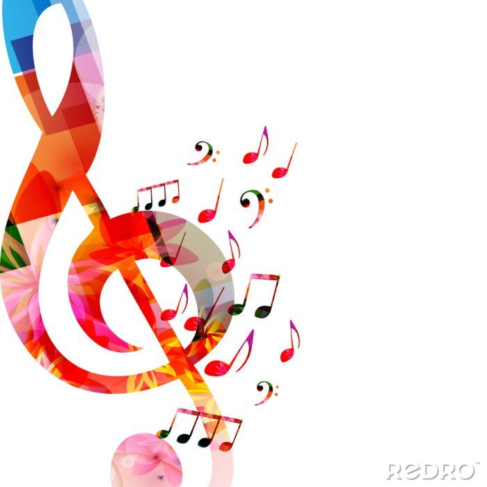 Sticker  Musique de fond avec des notes de musique colorées et conception de G-clef vector illustration. Affiche du festival de musique artistique, concerts en direct, notes et symboles de notes de musique