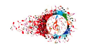 Sticker  Musique de fond coloré avec des notes de musique et conception de G-clef vector illustration. Affiche du festival de musique artistique, concert, conception créative de la clé de sol
