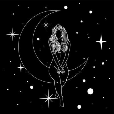 Sticker  Naked woman sitting on the moon in trendy linear minimal style.
