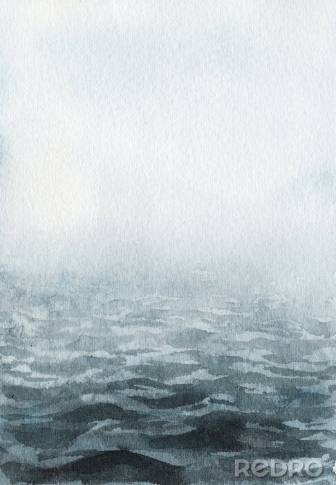 Sticker  Neo-noir landscape. Blue river / lake / sea / ocean in fog - hand drawn watercolor painting in minimalist style. Pre-made scene, background.