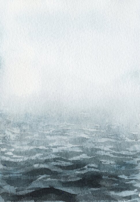 Sticker  Neo-noir landscape. Blue river / lake / sea / ocean in fog - hand drawn watercolor painting in minimalist style. Pre-made scene, background.