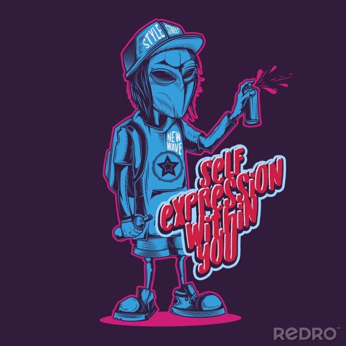 Sticker  Neon Alien with a can of paint in his hands. Vector illustration in retro style. Design for stickers or t-shirt.