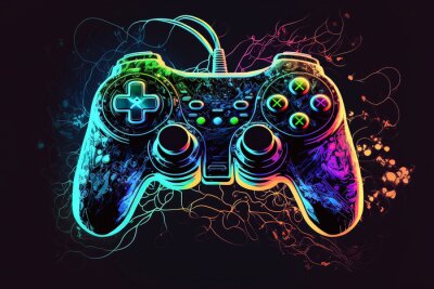 Sticker  Neon-stylized gamepad in a unique design. Future of gaming. Console gaming. Generative AI.