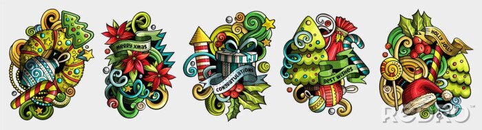 Sticker  New Year cartoon vector doodle designs set