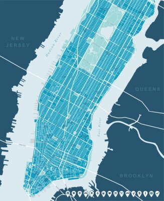 New York Carte - Basse et Moyenne Manhattan. Hautement carte détaillée de vecteur incluant toutes les rues, les parcs, les noms des sous-districts, points d'intérêt, des étiquettes, des quartiers.