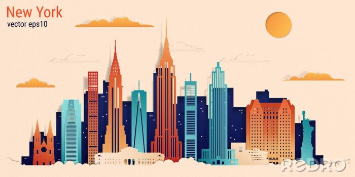 Sticker  New York city colorful paper cut style, vector stock illustration. Cityscape with all famous buildings. Skyline New York city composition for design.