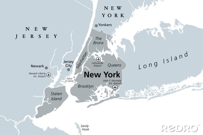 Sticker  New York City gray political map. Most populous city in the United States located in the state of New York. Manhattan, Bronx, Queens, Brooklyn and Staten Island. English labeling. Illustration. Vector