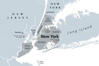 Sticker  New York City gray political map. Most populous city in the United States located in the state of New York. Manhattan, Bronx, Queens, Brooklyn and Staten Island. English labeling. Illustration. Vector