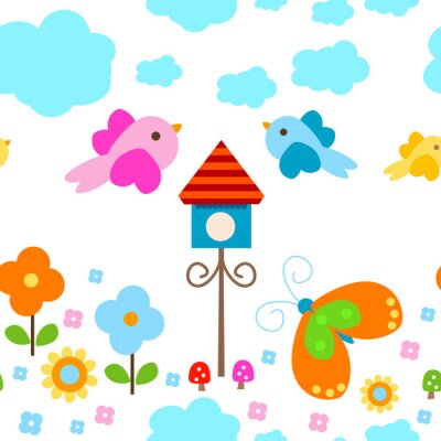 Sticker  Nichoir coloré parmi les fleurs