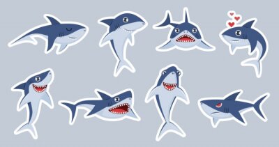 Sticker  Ocean shark mascot. Happy sharks, scary jaws and underwater swimming cute character, emotions fish for stickers, patches vector set