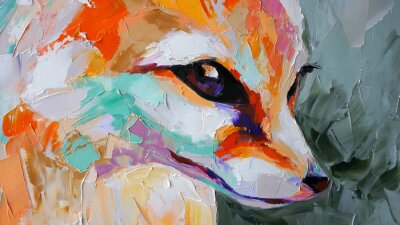 Oil fox portrait painting in multicolored tones. Conceptual abstract painting of a fennec muzzle. Closeup of a painting by oil and palette knife on canvas.