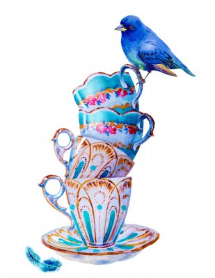 Sticker  Oiseau bleu et tasses shabby chic